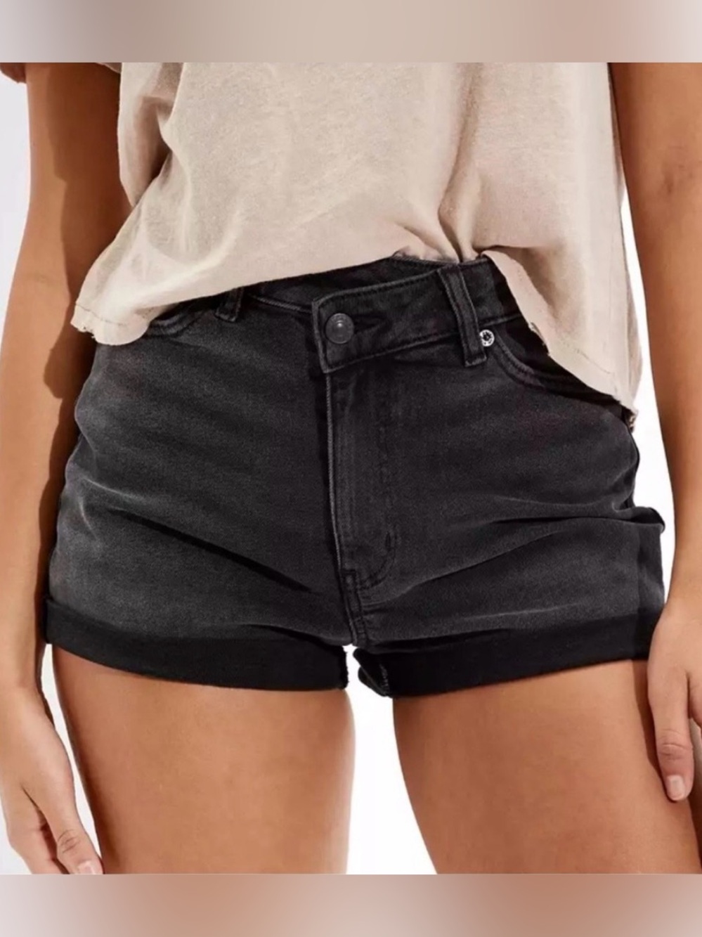 American Eagle Stretch Black Denim Crossover Waist Highest Rise Mom Shorts